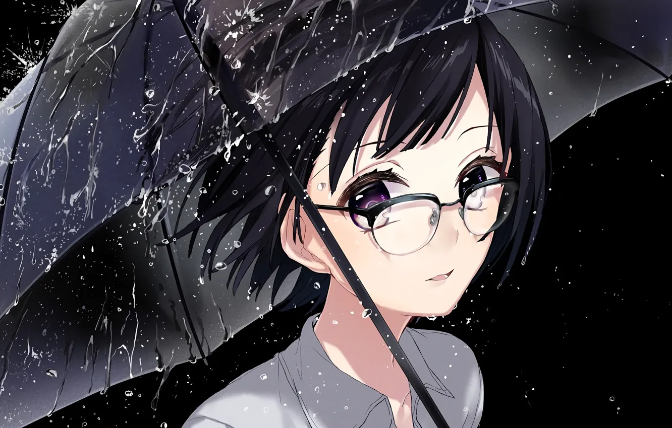 Photo wallpaper girl, drops, rain, umbrella, anime, art, glasses, sogawa66