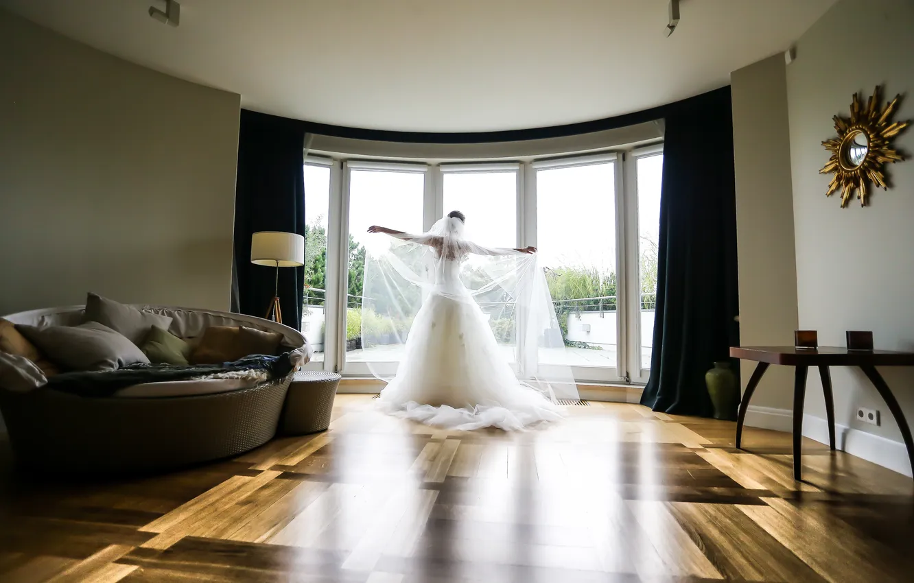Photo wallpaper girl, room, window, the bride, white dress