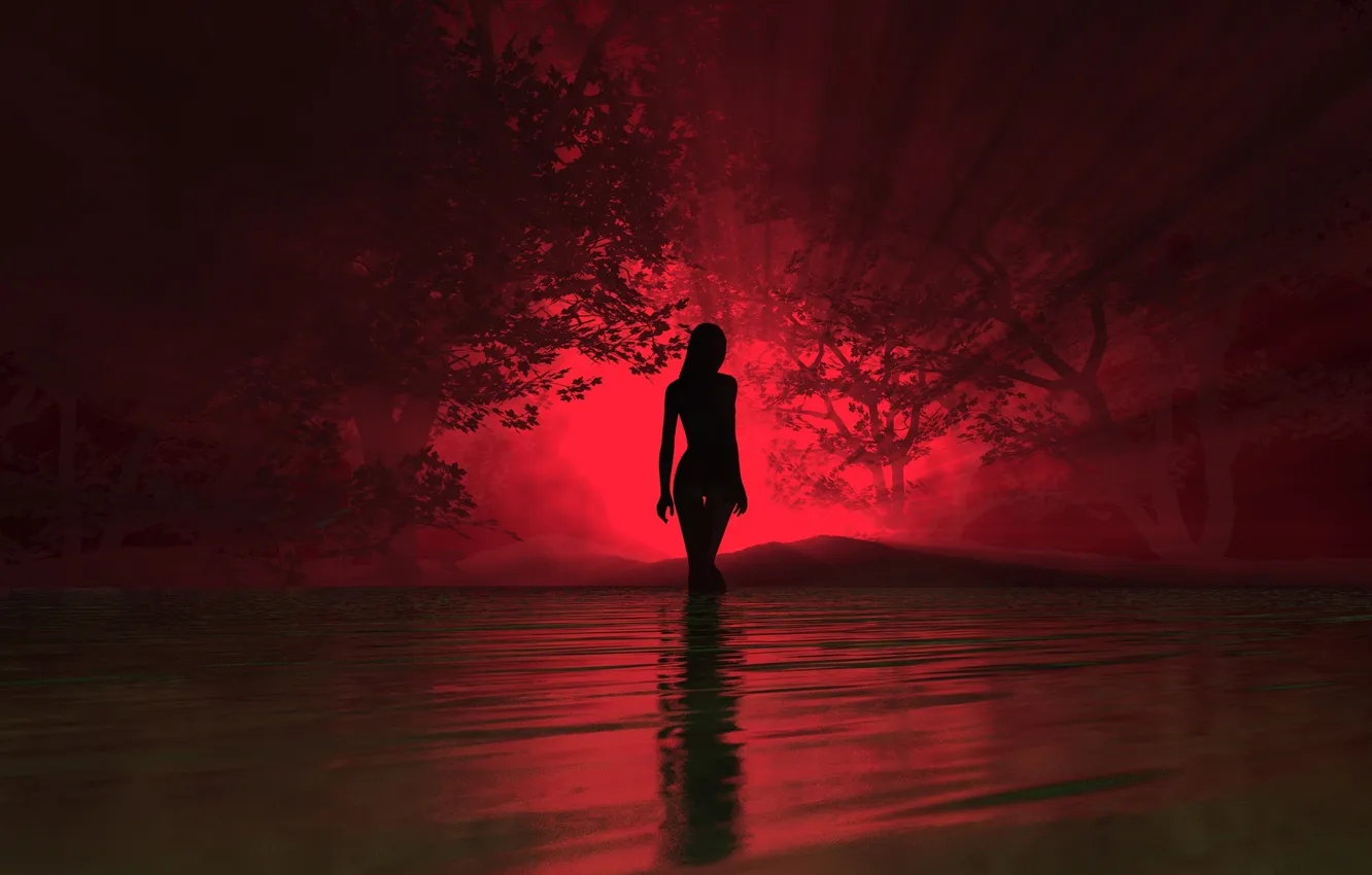 Photo wallpaper water, girl, trees, red, nature, fog, background, color