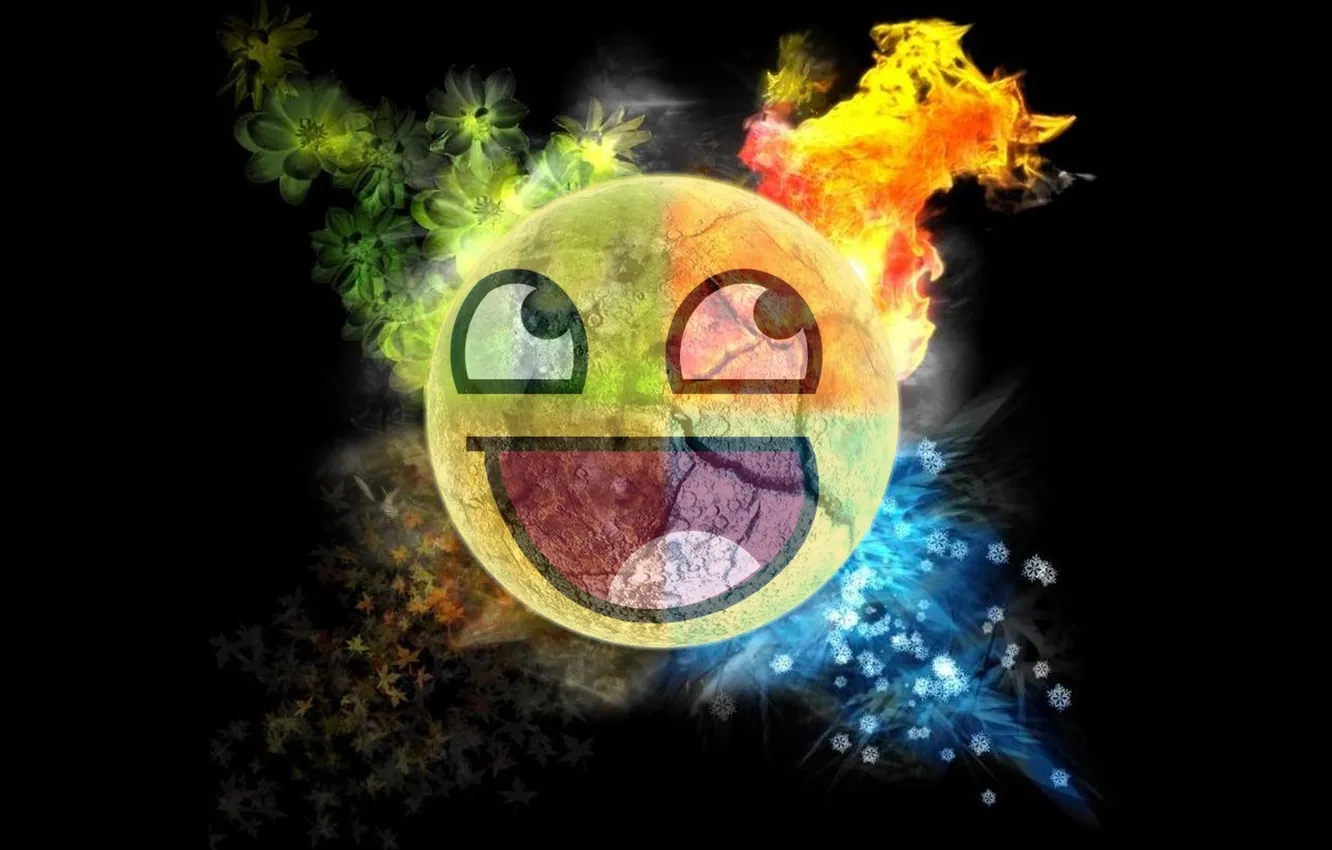 Photo wallpaper snow, lights, smile, mood, earth, smile, black background, art