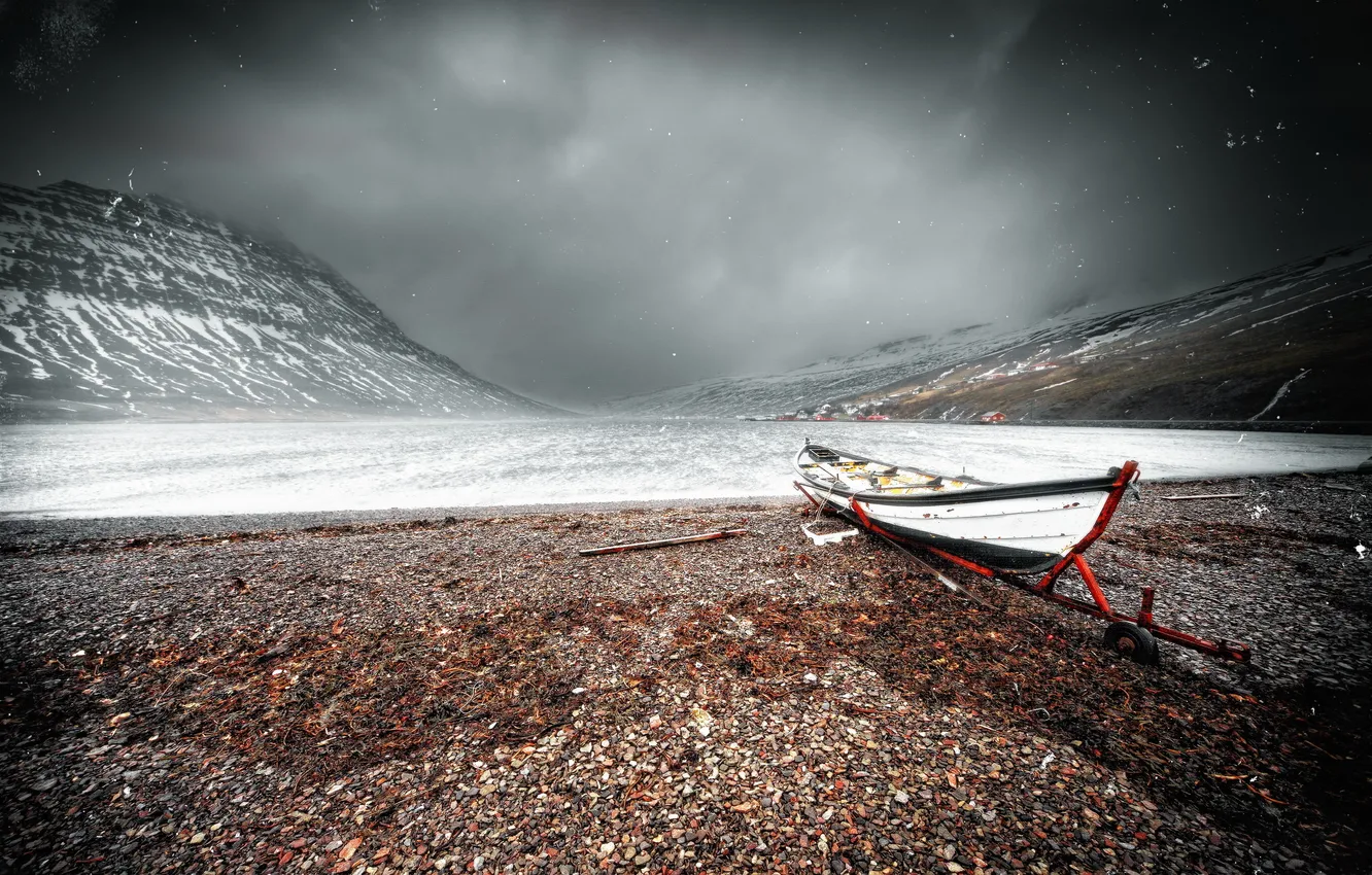 Photo wallpaper landscape, mountains, lake, boat
