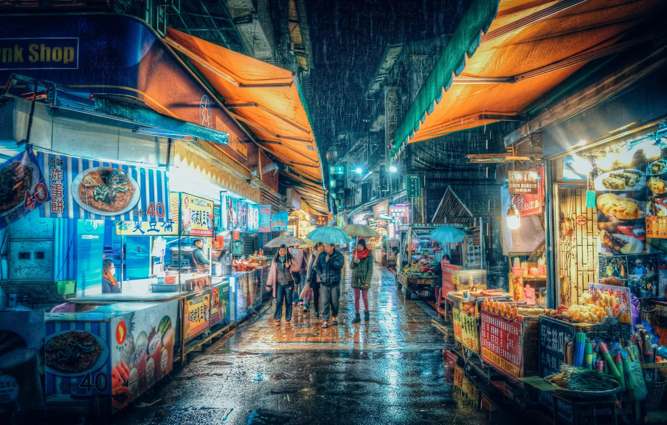 Photo wallpaper night, lights, people, rain, neon, Taiwan, umbrellas, market