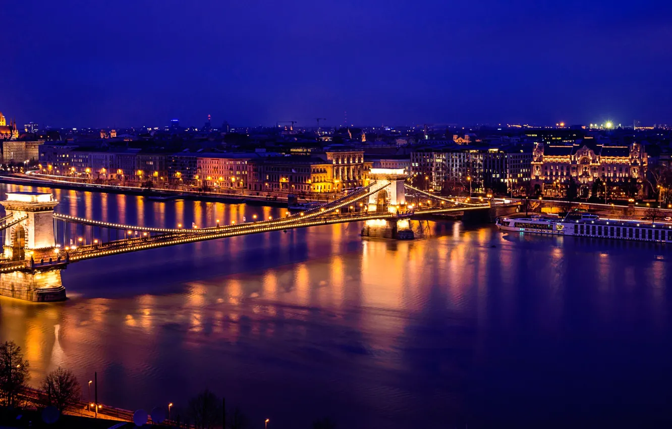 Photo wallpaper night, lights, river, Parliament, panorama, Hungary, Budapest, The Danube