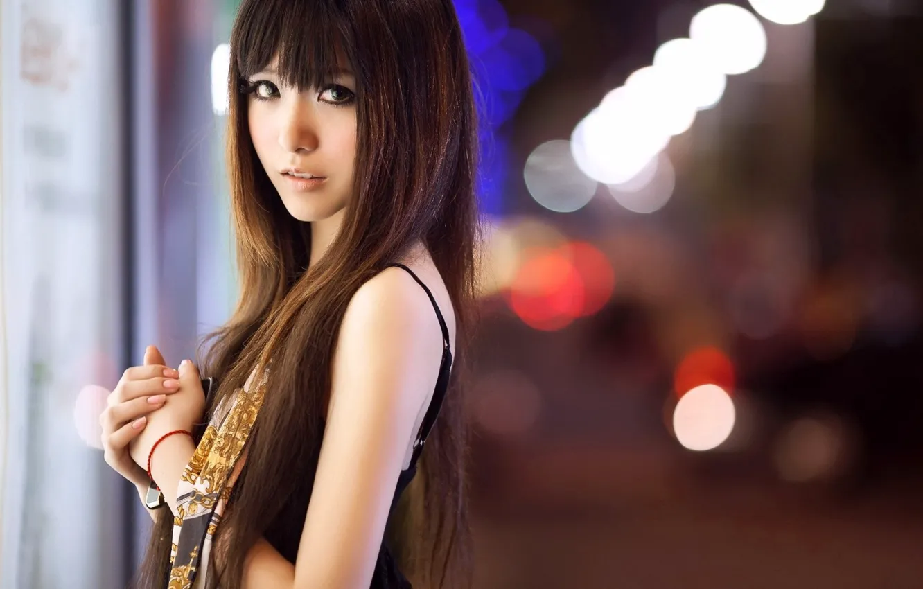 Photo wallpaper girl, Asian, city lights