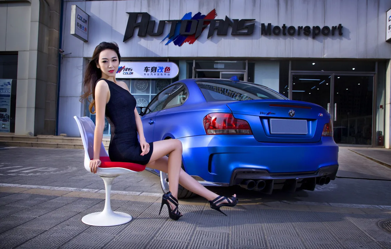 Photo wallpaper look, girl, BMW, chair, Asian, beautiful girl, blue auto
