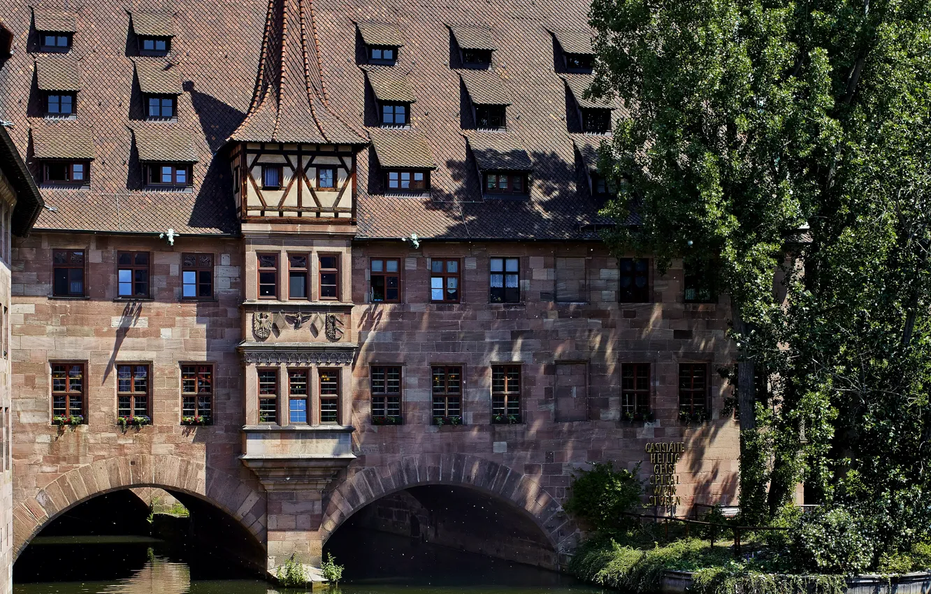 Photo wallpaper trees, river, building, home, Germany, channel, Nuremberg, River Pegnitz