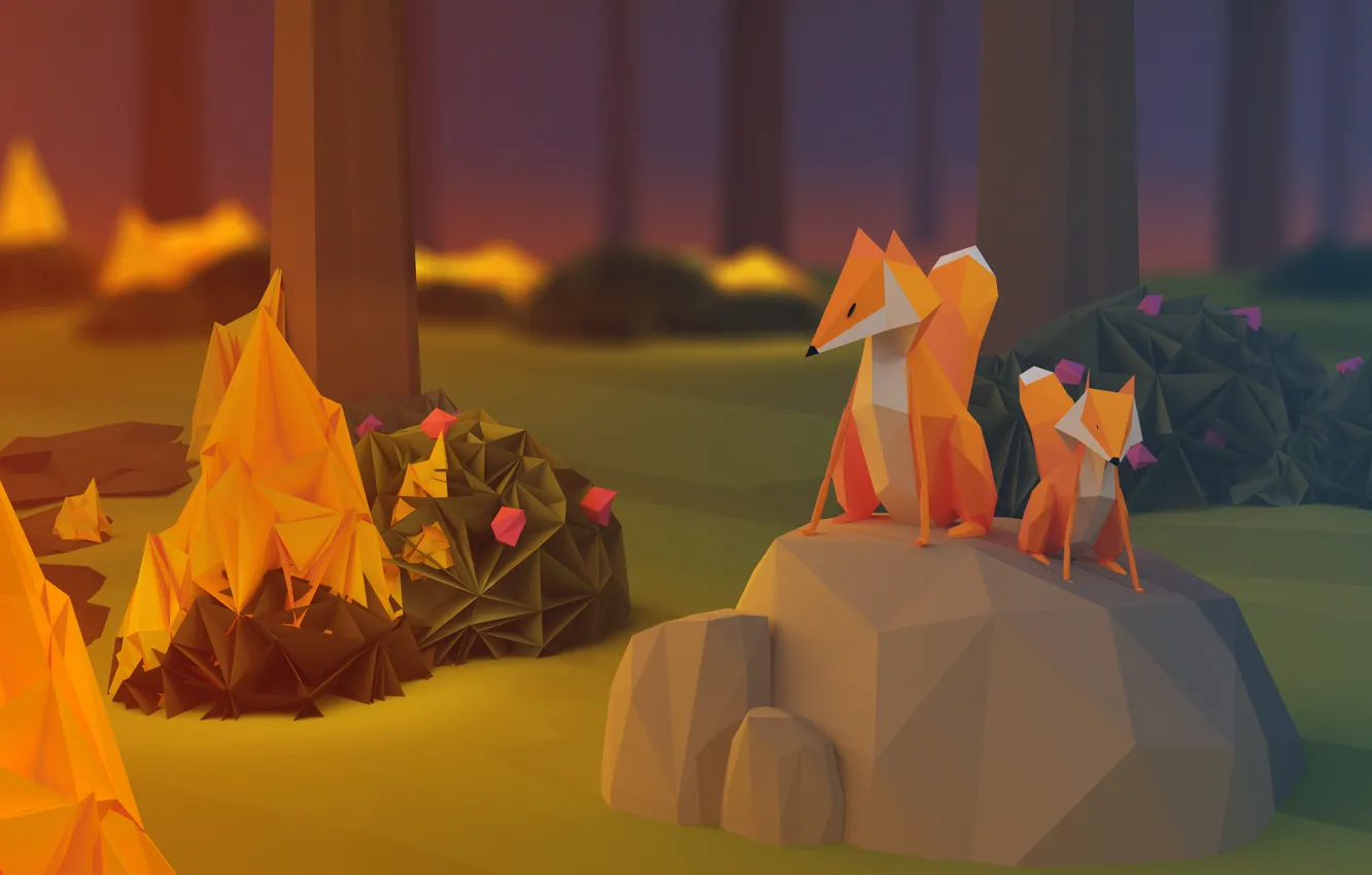 Photo wallpaper forest, lights, fire, the evening, Fox