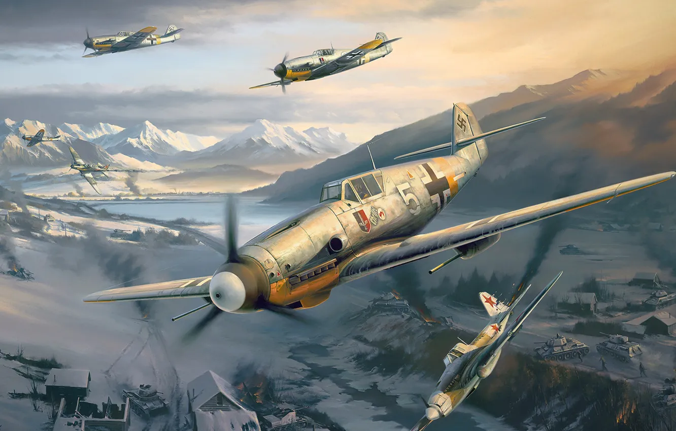 Photo wallpaper IL-2, Air force, Dogfight, Luftwaffe, Messerschmitt Bf.109, single-engine piston fighter-low, The battle for the Caucasus