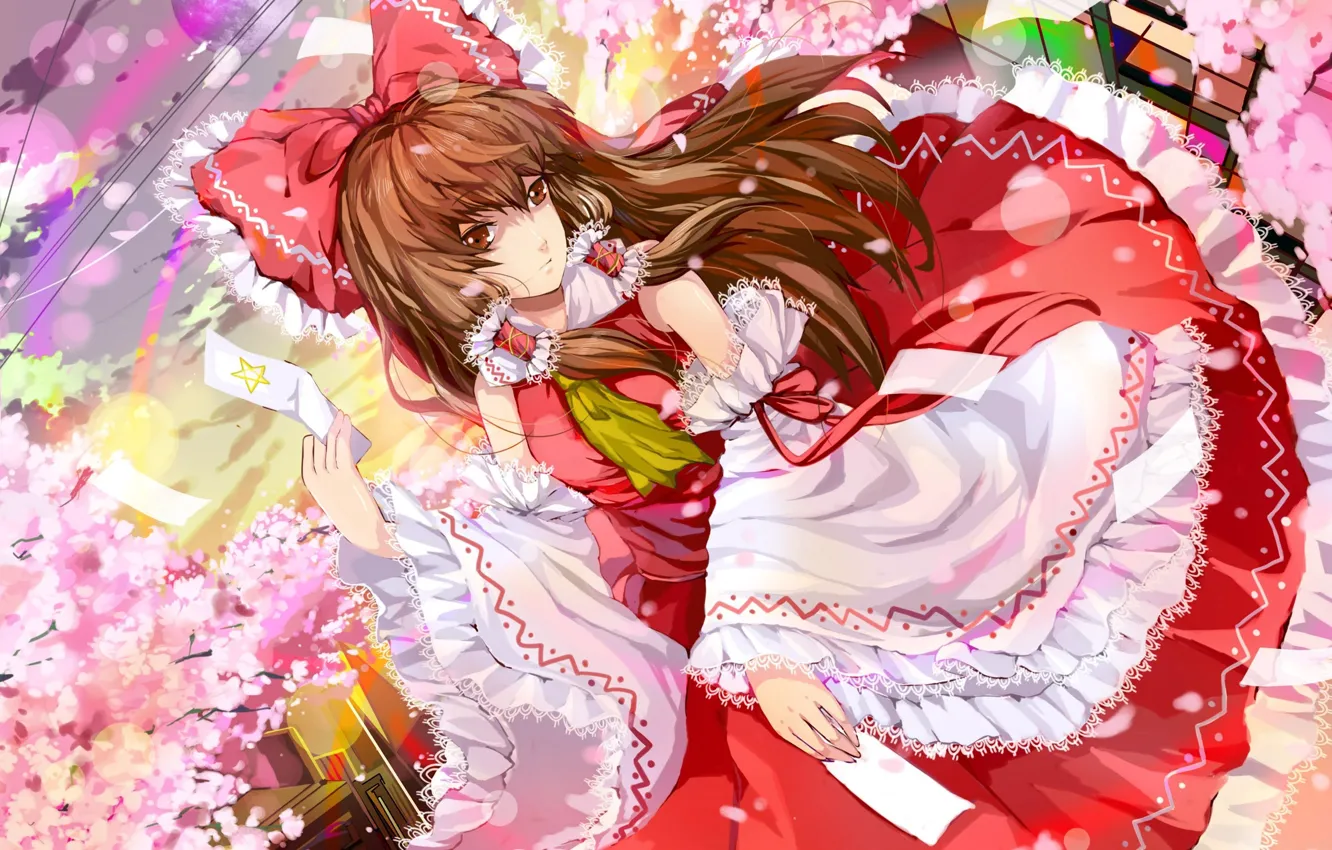 Photo wallpaper lace, priestess, cherry blossoms, red bow, Hakurei Reimu, Touhou Project, amulets, Project East