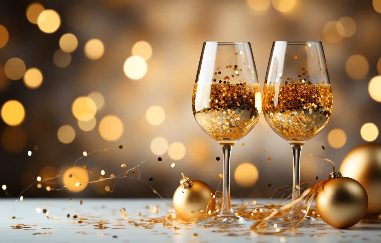 Photo wallpaper decoration, gold, balls, glass, new year, golden, champagne, Christmas