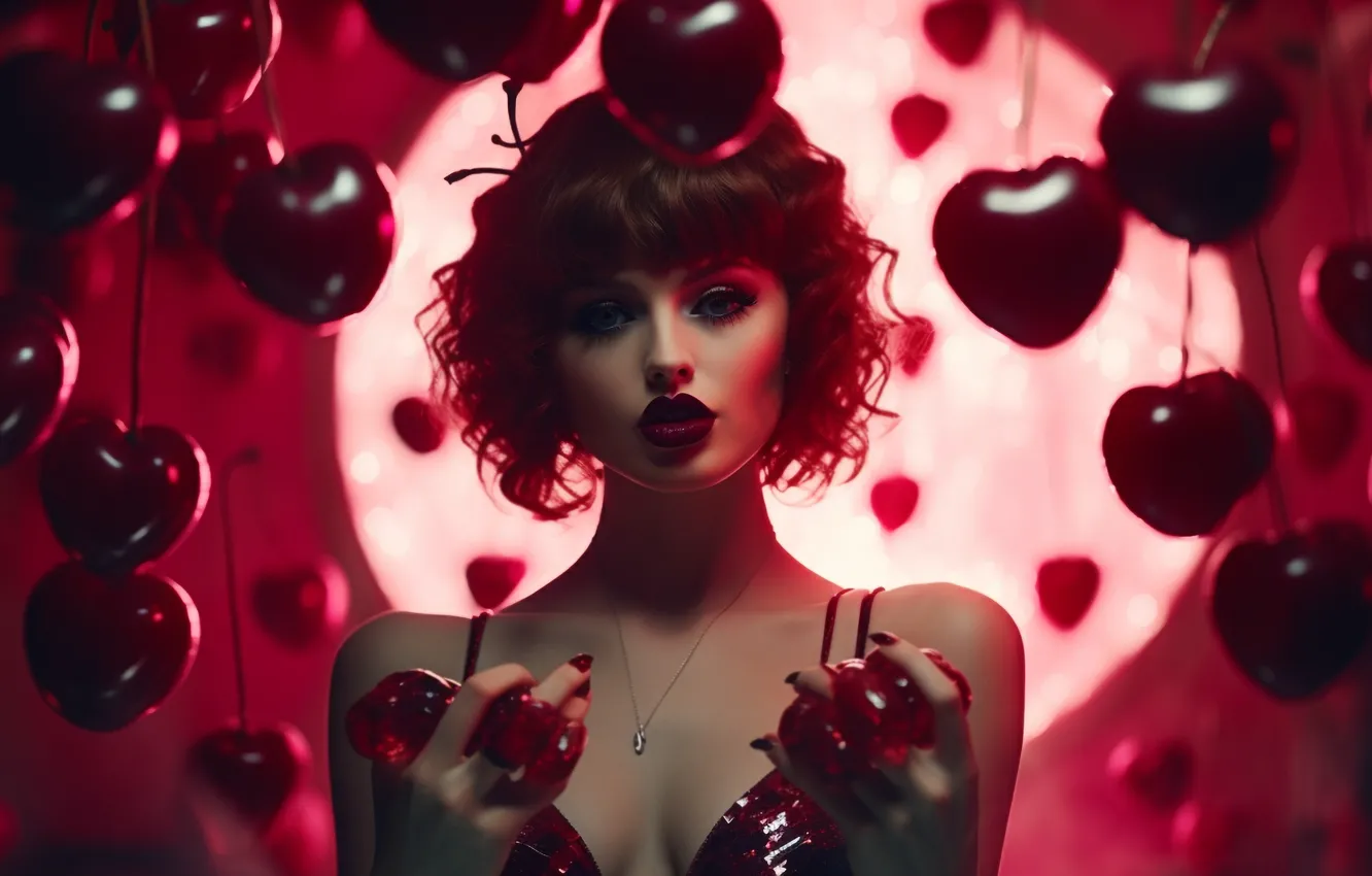 Photo wallpaper chest, look, girl, light, cherry, pose, berries, haircut