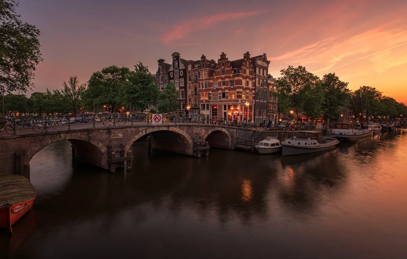 Photo wallpaper sunset, the city, the evening, Amsterdam, Netherlands