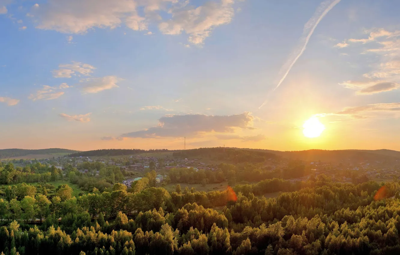 Photo wallpaper forest, the sky, the sun, clouds, landscape, sunset, sunrise, Wallpaper