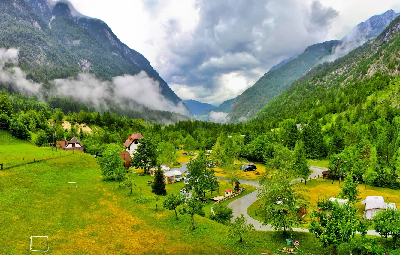 Photo wallpaper forest, grass, clouds, landscape, mountains, clouds, nature, Slovenia