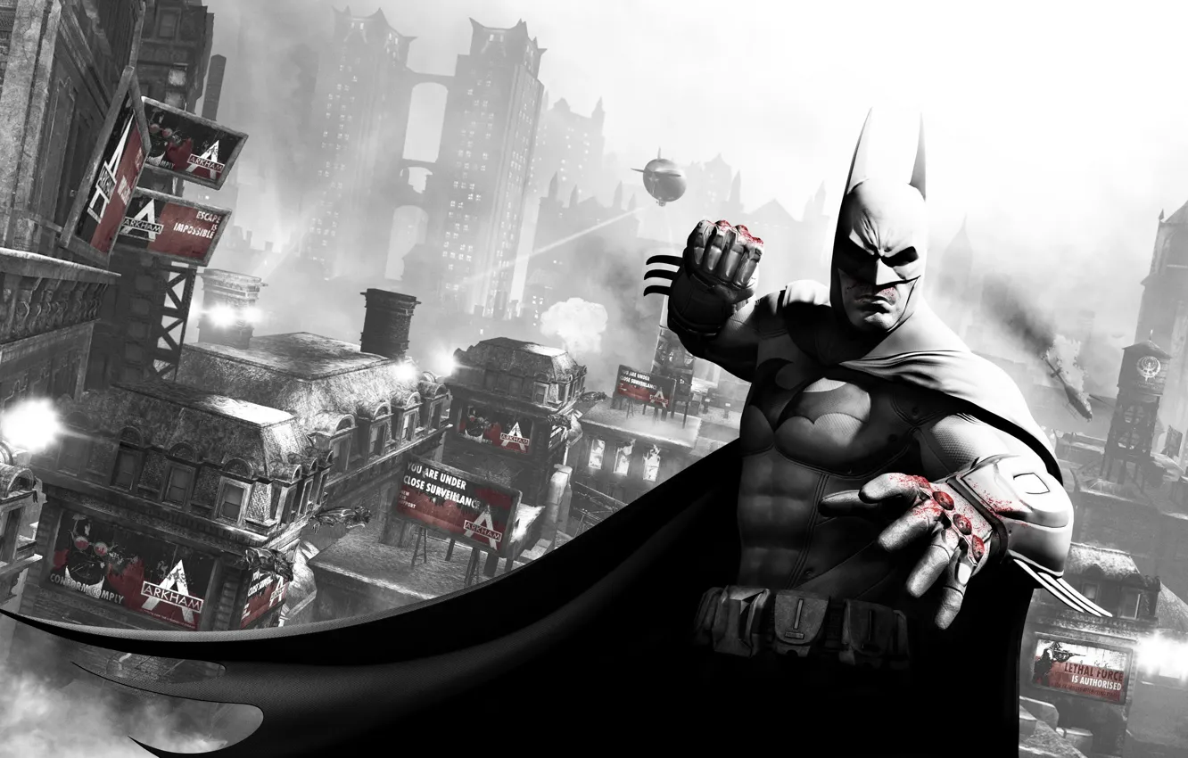 Photo wallpaper the city, batman, blood, Batman, the airship, fist, Gotham, arkham city