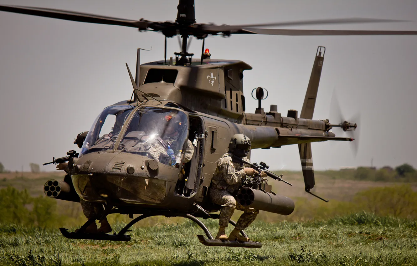 Photo wallpaper soldiers, helicopter, American, multipurpose, Bell, easy, OH-58, Kiowa