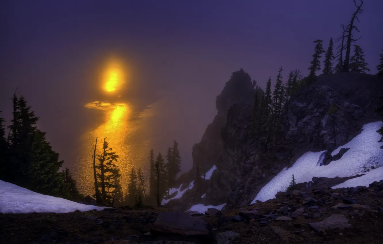 Photo wallpaper trees, sunrise, rocks, dawn, Oregon, Oregon, Crater Lake, Crater Lake National Park