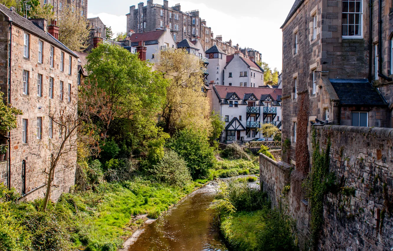 Photo wallpaper landscape, river, stream, home, Scotland, Edinburgh, Dean Village