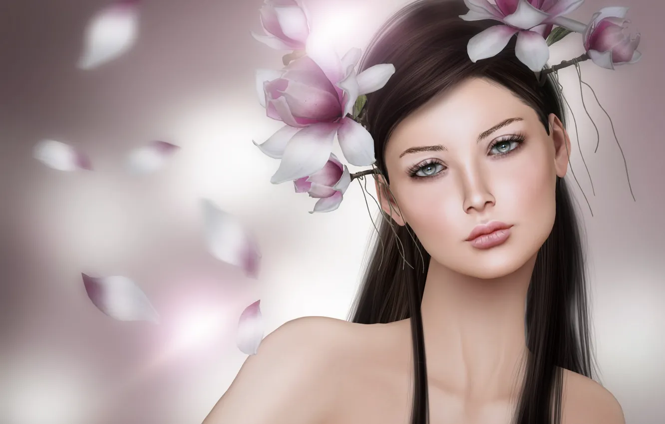 Photo wallpaper girl, flowers, portrait, brunette, wreath, Magnolia