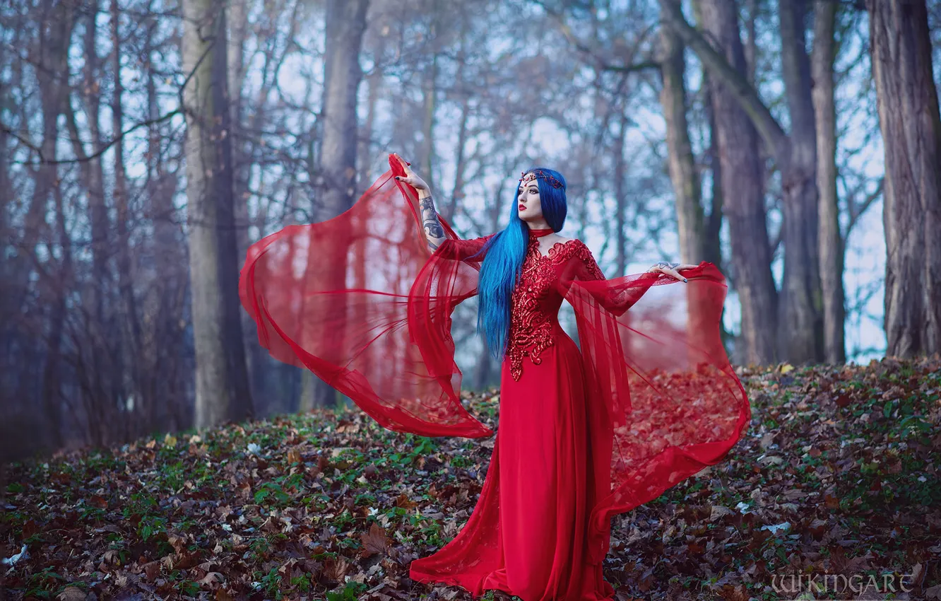 Photo wallpaper autumn, forest, girl, nature, pose, style, makeup, costume