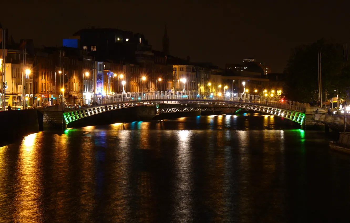 Photo wallpaper night, bridge, lights, river, home, lights, channel, Ireland
