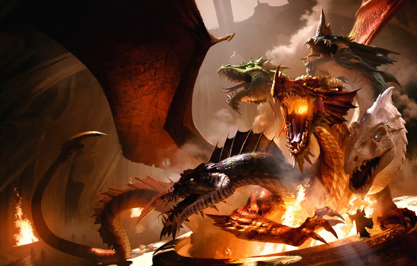 Photo wallpaper fire, flame, game, Dungeons & Dragons, monster, wings, cartoon, dragon