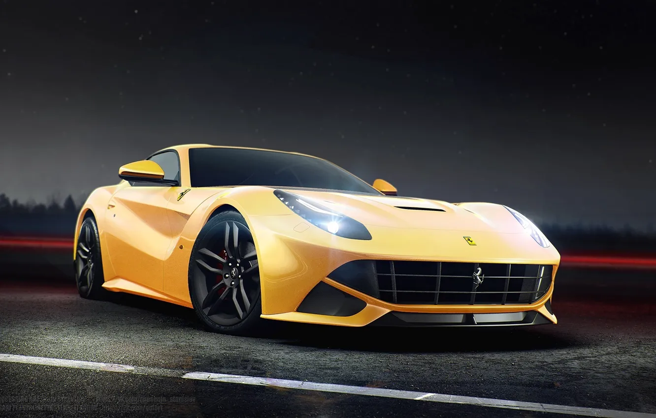 Photo wallpaper Ferrari, Front, Yellow, Road, Berlinetta, F12, Ligth, Nigth