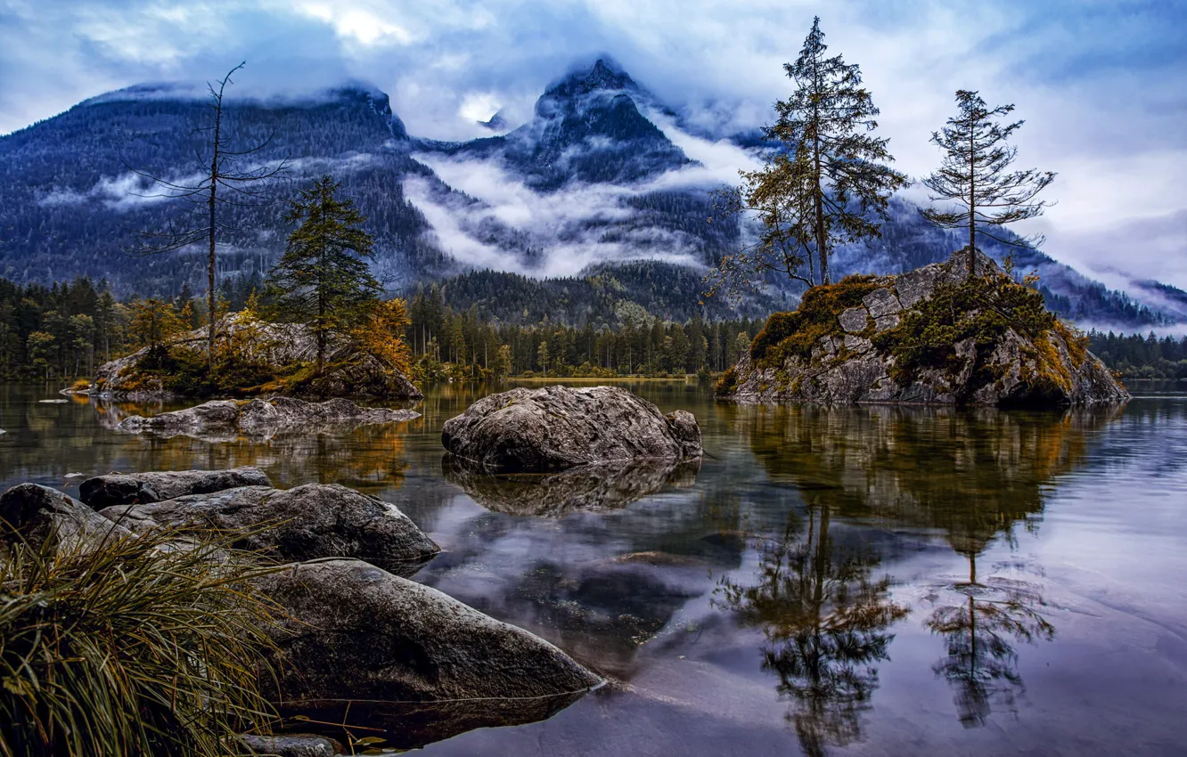 Photo wallpaper forest, clouds, trees, mountains, lake, stones, Germany, Alps