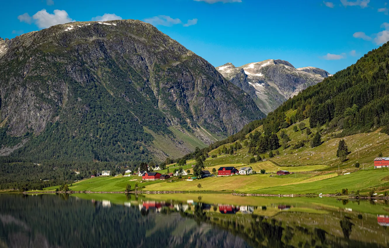 Photo wallpaper greens, field, forest, summer, the sky, mountains, red, lake