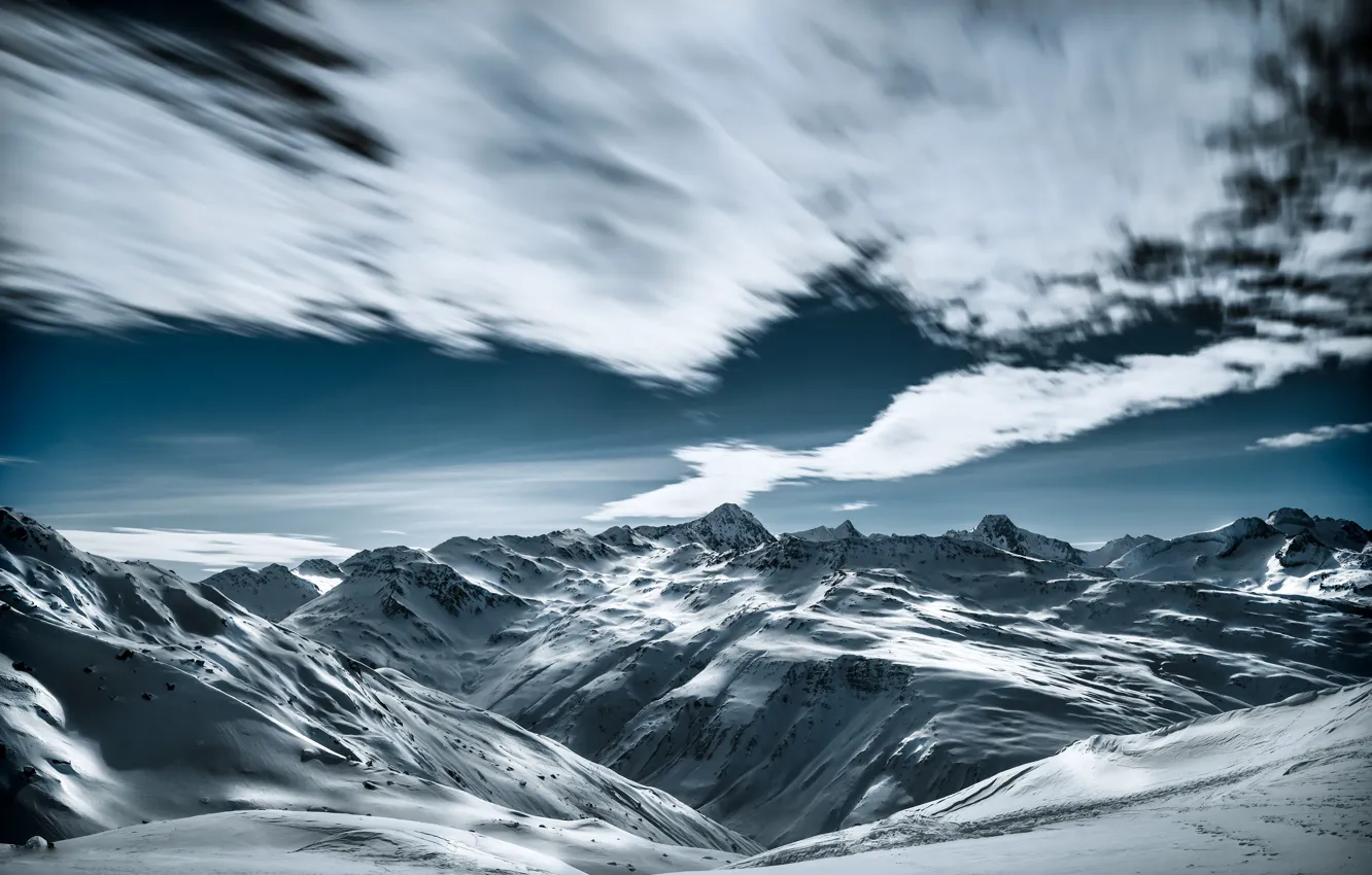 Photo wallpaper winter, the sky, clouds, snow, mountains, tops, slope, the snow