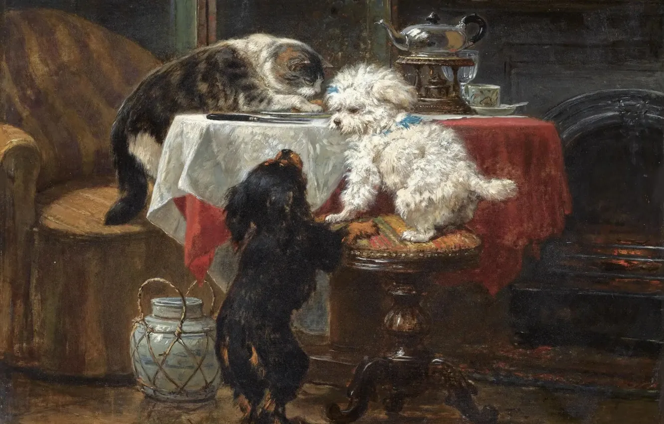 Photo wallpaper cat, table, dog, picture, three, Henrietta Ronner-Knipe, Henriette Ronner-Knip, The Belgian artist