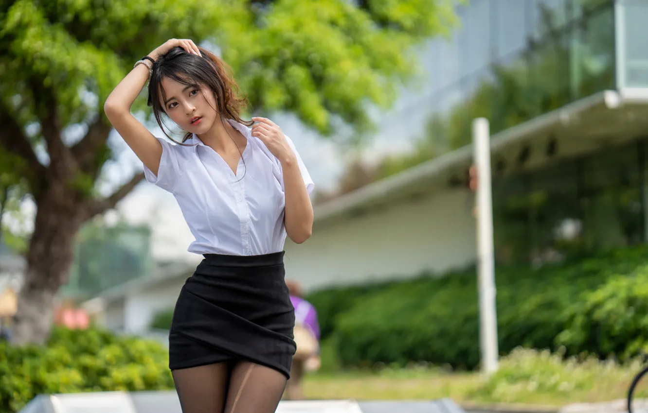 Photo wallpaper pose, model, skirt, portrait, makeup, figure, hairstyle, blouse