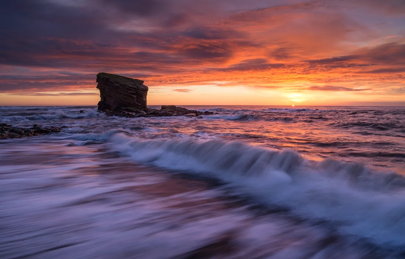 Photo wallpaper sea, wave, the sky, clouds, sunset, rocks