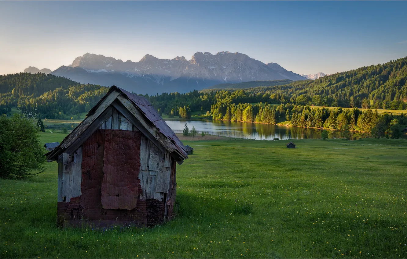 Photo wallpaper mountains, lake, meadow, sheds