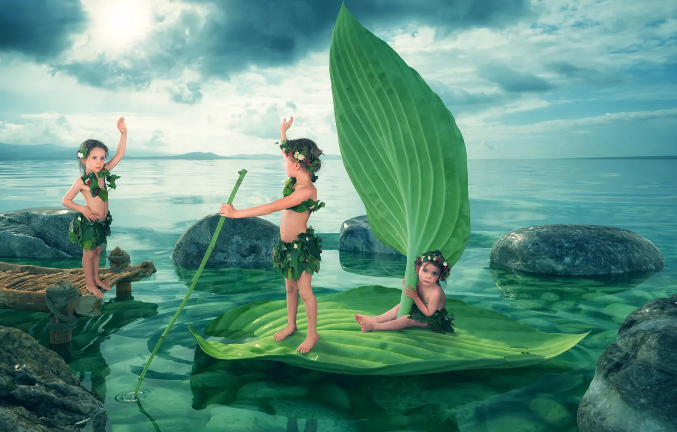 Photo wallpaper children, lake, girl, The Farewell