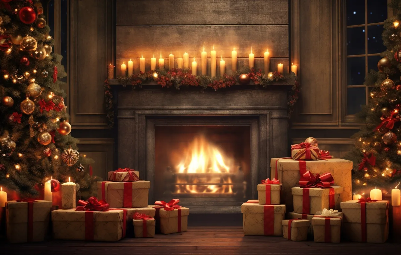 Photo wallpaper decoration, room, balls, tree, interior, New Year, Christmas, gifts