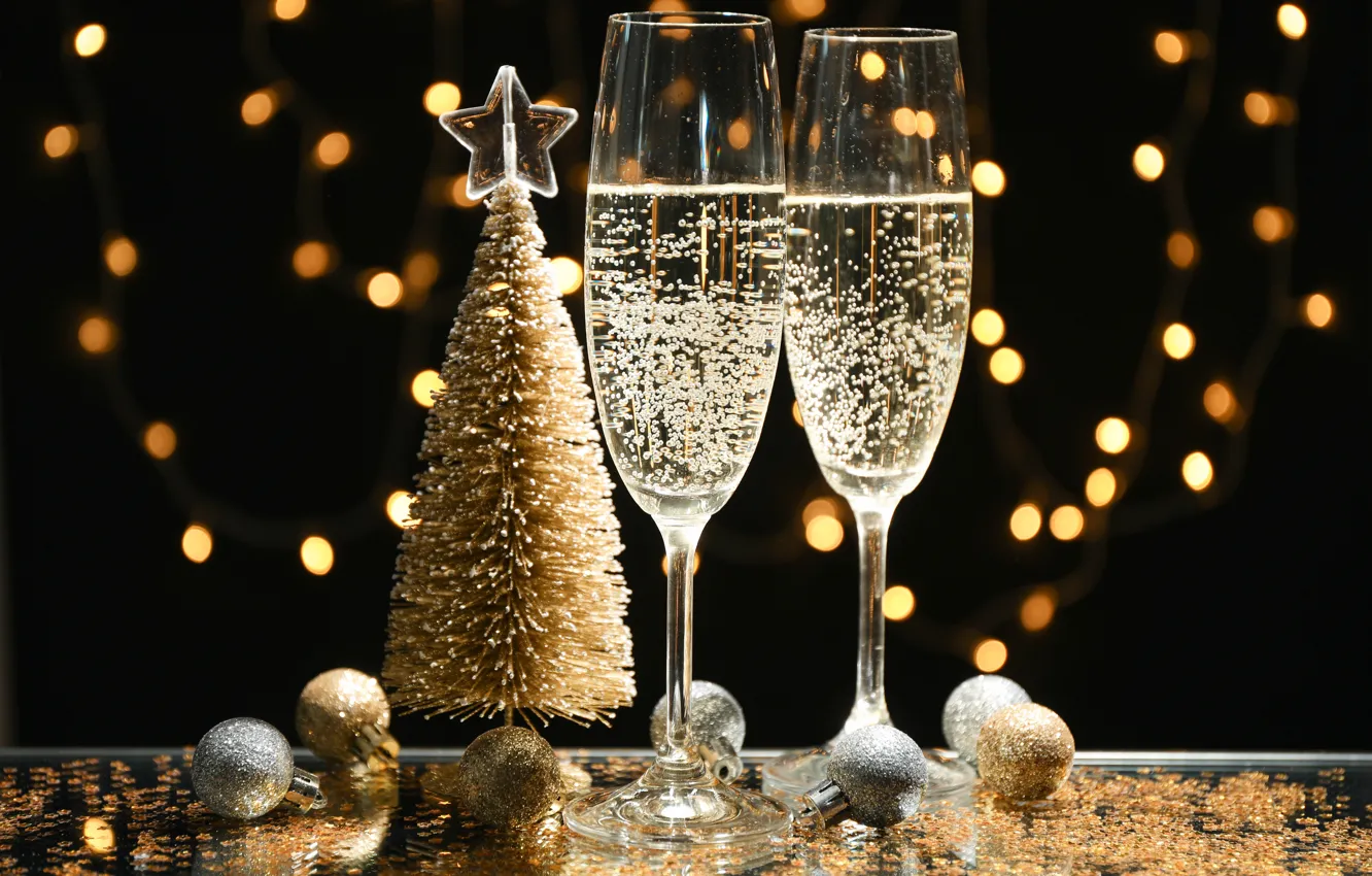 Photo wallpaper decoration, gold, balls, glass, tree, new year, golden, champagne
