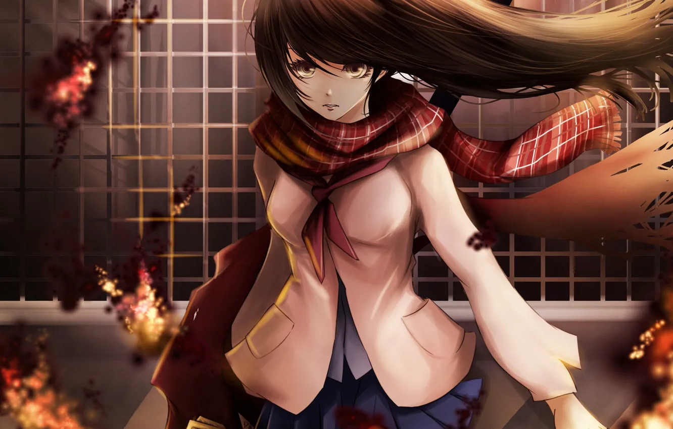 Photo wallpaper girl, weapons, fire, katana, anime, scarf, art, form