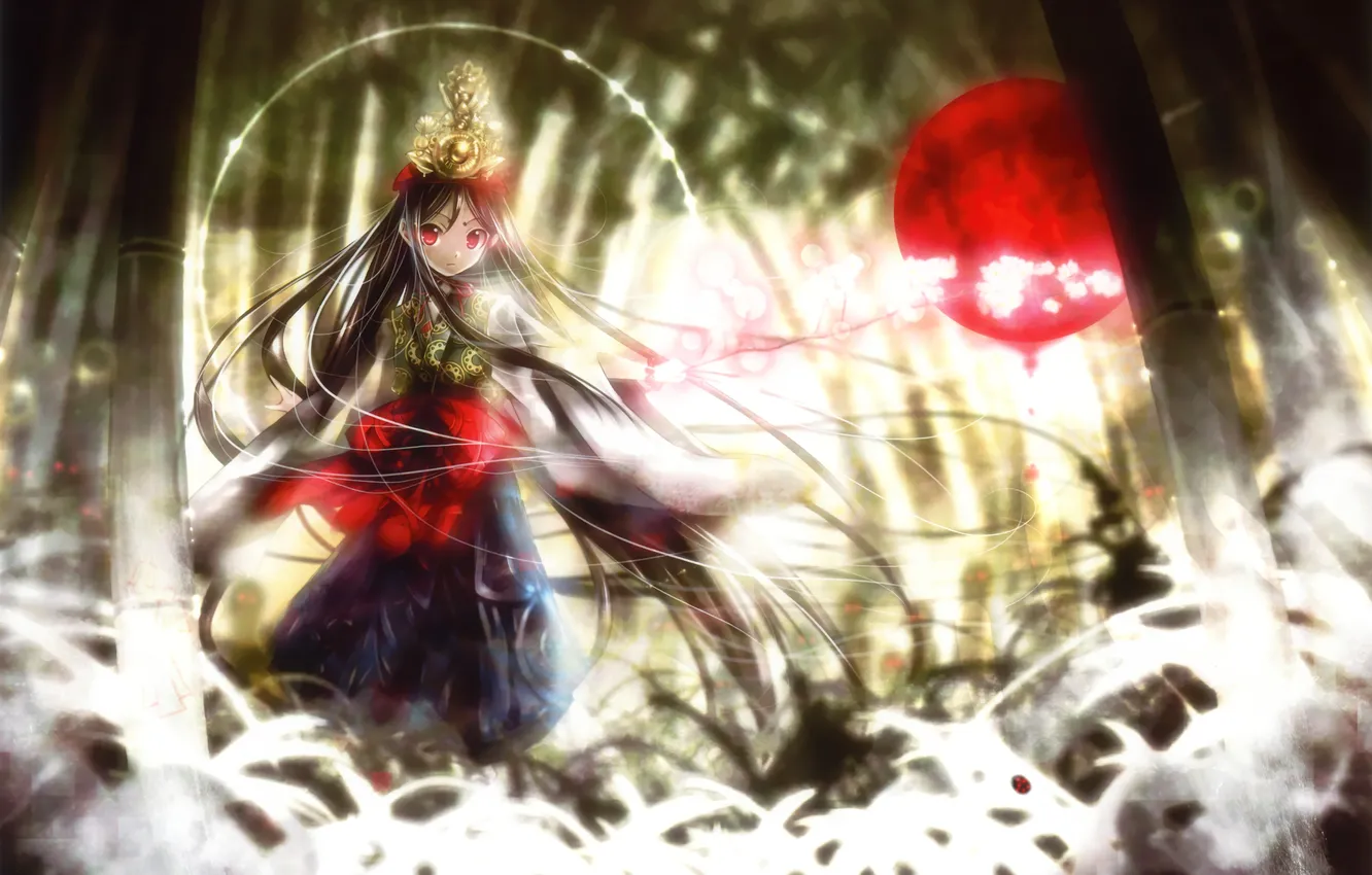 Photo wallpaper forest, girl, flowers, nature, magic, anime, crown, bamboo