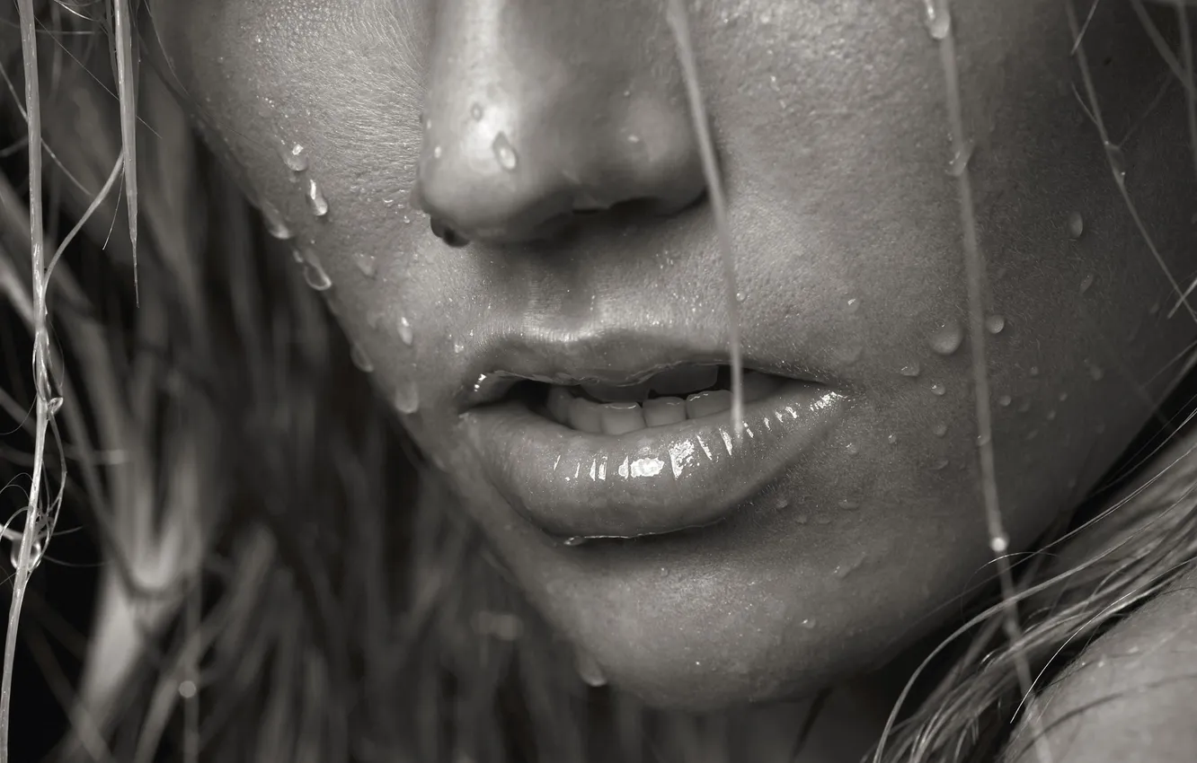 Photo wallpaper lips, drops, mouth, black &amp; white