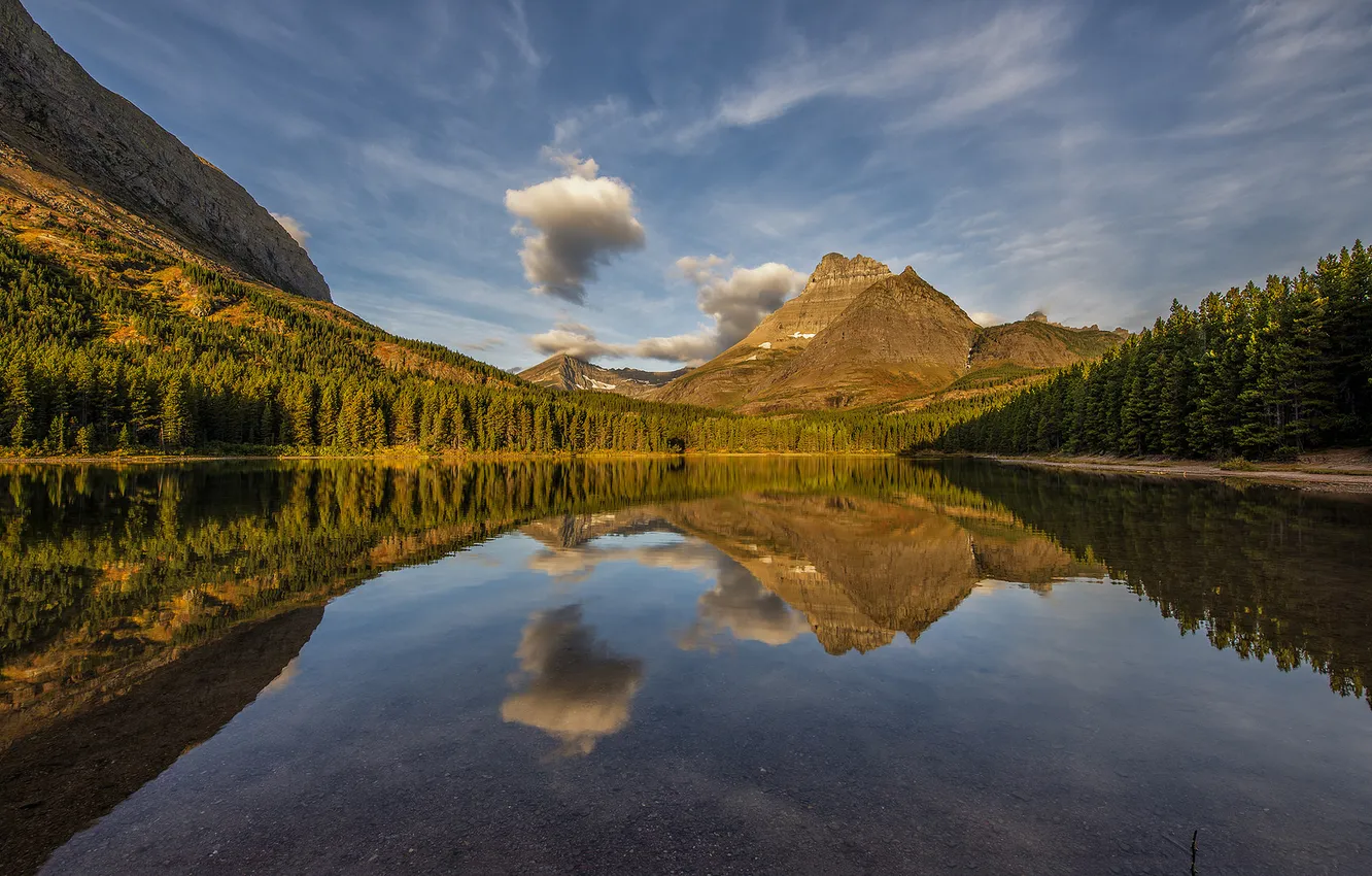 Photo wallpaper the sky, clouds, trees, sunset, mountains, lake, reflection