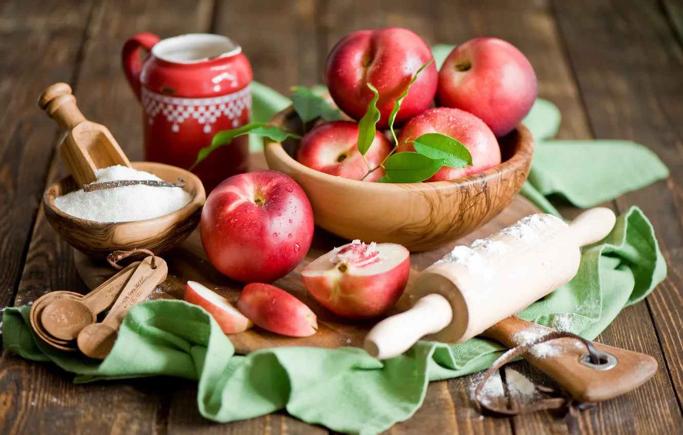 Photo wallpaper sugar, fruit, still life, nectarine, rolling pin