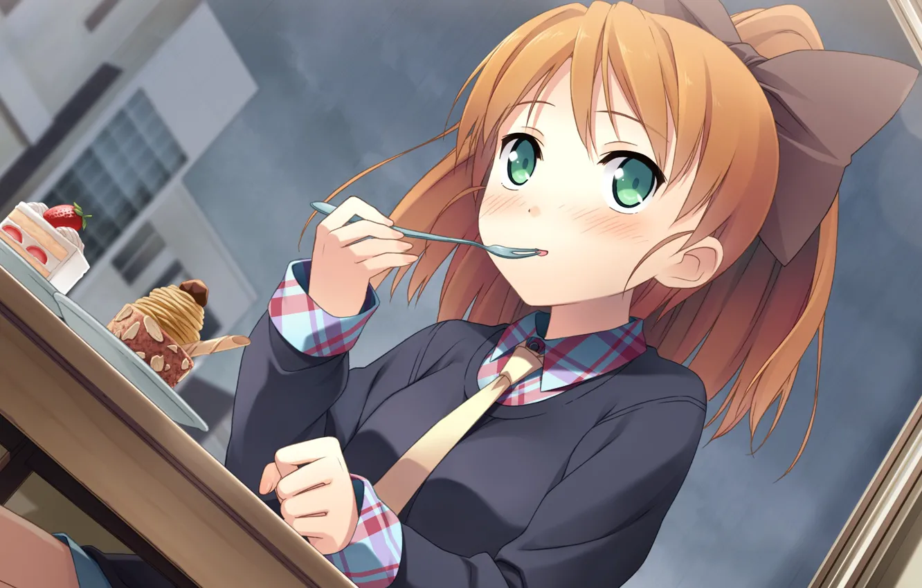 Photo wallpaper red, schoolgirl, dessert, green eyes, sweet tooth, Your Diary, visual novel, in a cafe