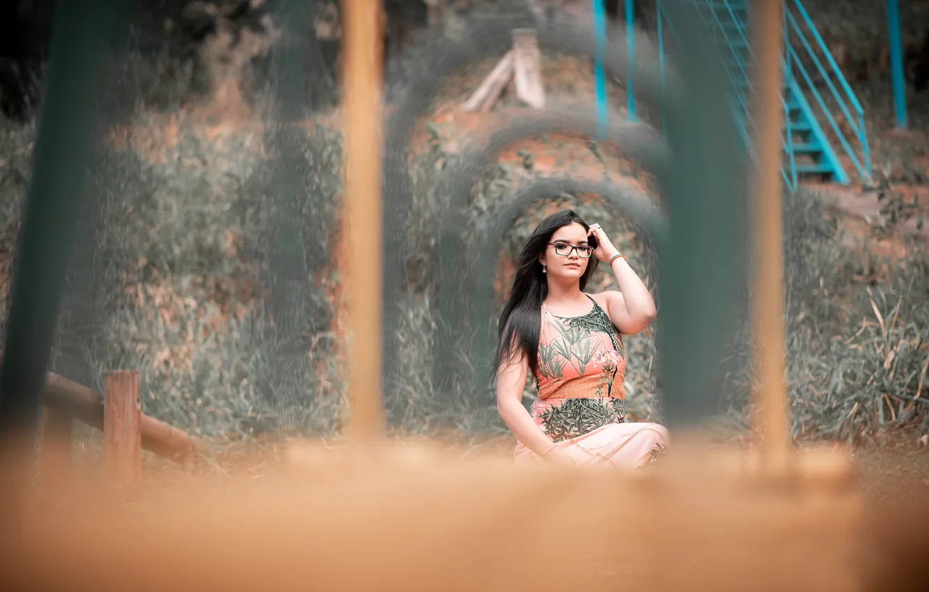 Photo wallpaper girl, blur, brunette, glasses, arch, sitting