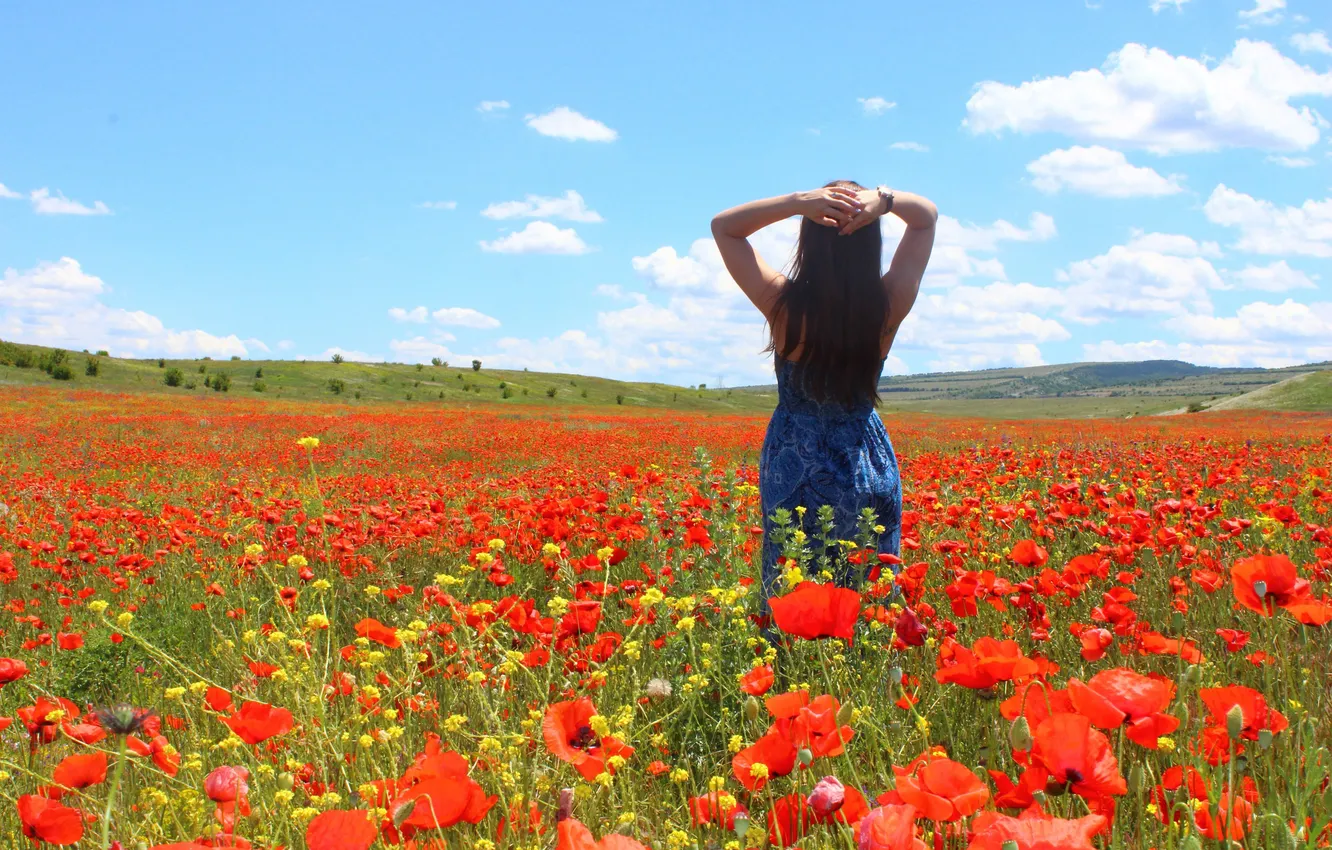 Photo wallpaper summer, girl, clouds, flowers, red, nature, hills, back