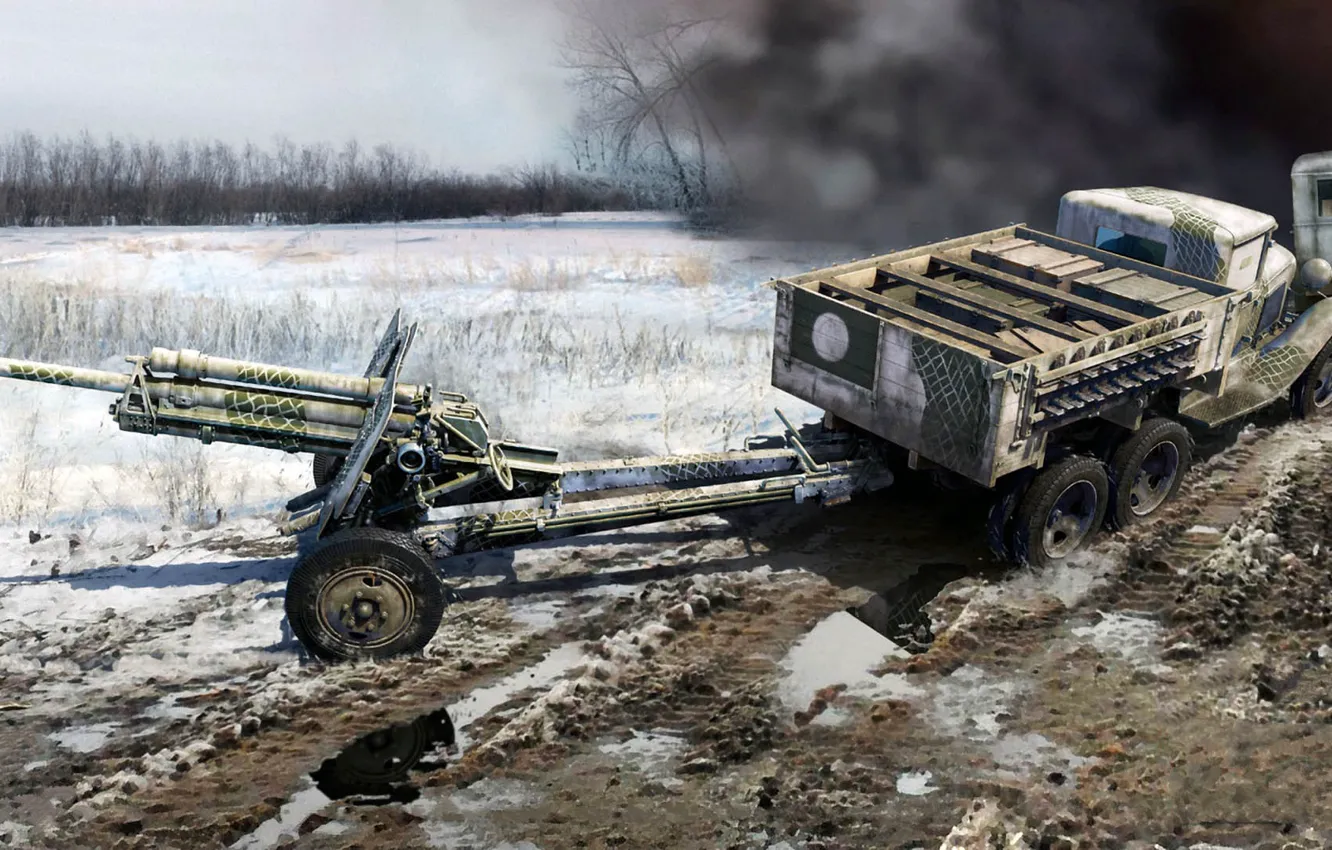 Photo wallpaper GAZ-AAA, Soviet truck, 76-mm USV-BR, divisional gun model 1939, Soviet 2-Ton truck 6X4