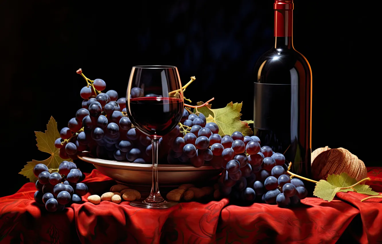 Photo wallpaper table, wine, glass, bottle, grapes, still life, AI art, neural network