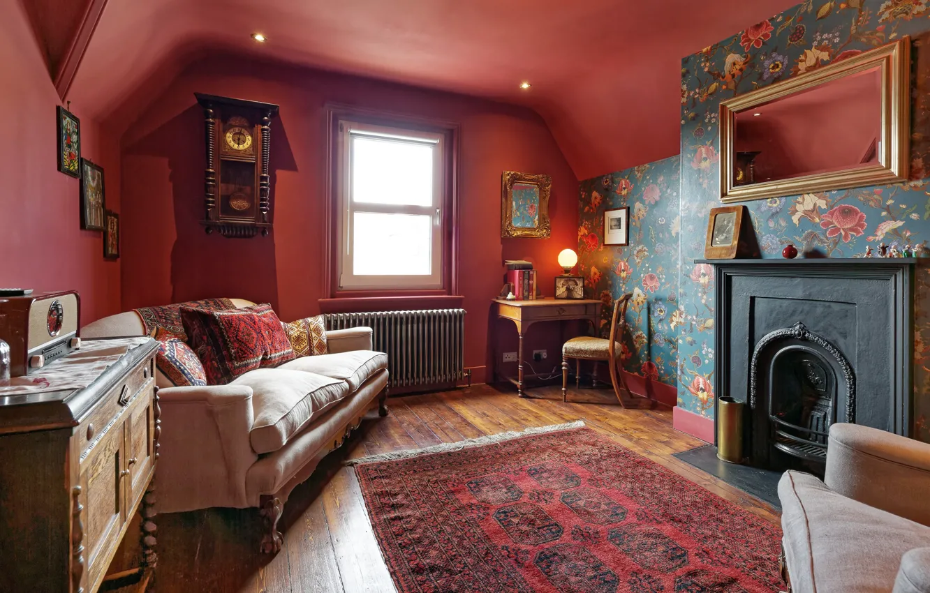 Photo wallpaper design, style, interior, fireplace, sofa, living room