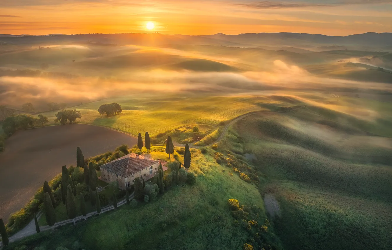 Photo wallpaper dawn, field, beauty, valley, horizon, space, haze, the sun's rays