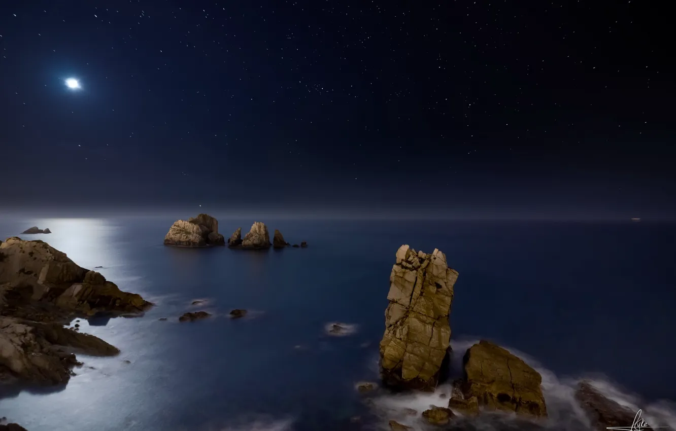 Photo wallpaper sea, night, rocks